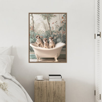 Reproduction d'art sur toile encadrée suricate «Bath Time Fun» par Hostetter