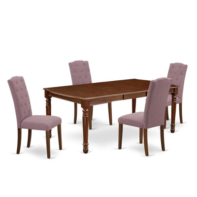 5 Piece Kitchen Table Set for 4 Includes a Rectangle Dining Table with Butterfly Leaf and 4 Dahlia Linen Fabric Parsons Chairs, Mahogany