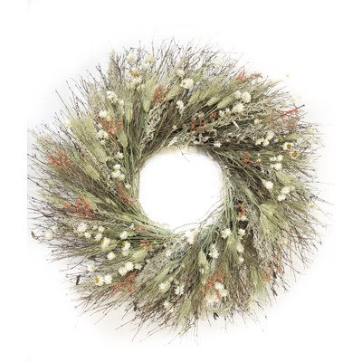 Chou Dried Flower Twigs, Green Wheat, Artemisia, Ammobium, and Coral Statice Wildflowers Wreath