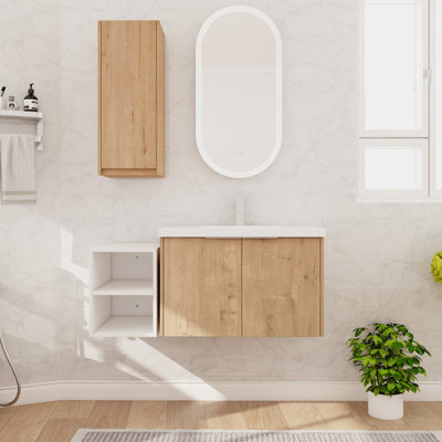 Meuble-lavabo mural simple 42 po avec plateau en résine, meuble-lavabo flottant avec 2 portes et armoire latérale 42 po