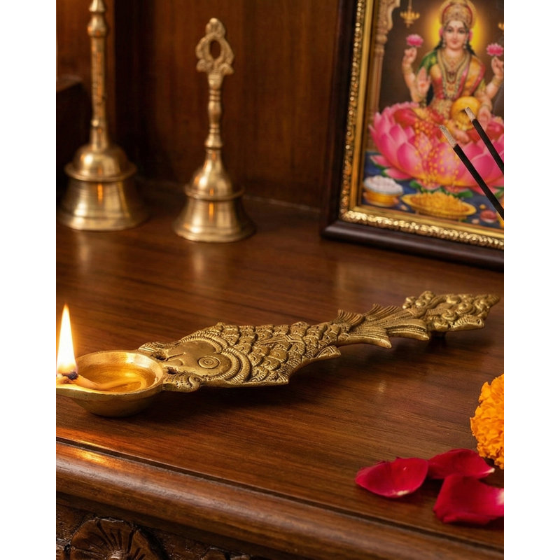 Handheld Brass Puja Diya with Fish Handle – 10" Traditional Indian Oil Lamp, Ritual Decor, Symbol of Prosperity