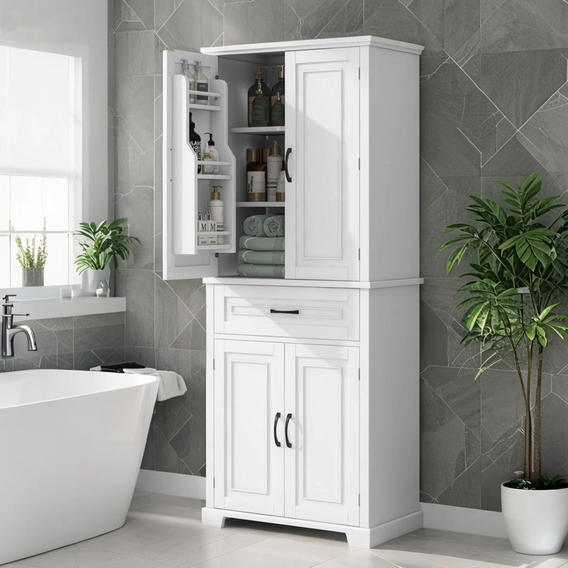 Armoire de rangement pour salle de bain avec portes, tiroir et tablette réglable