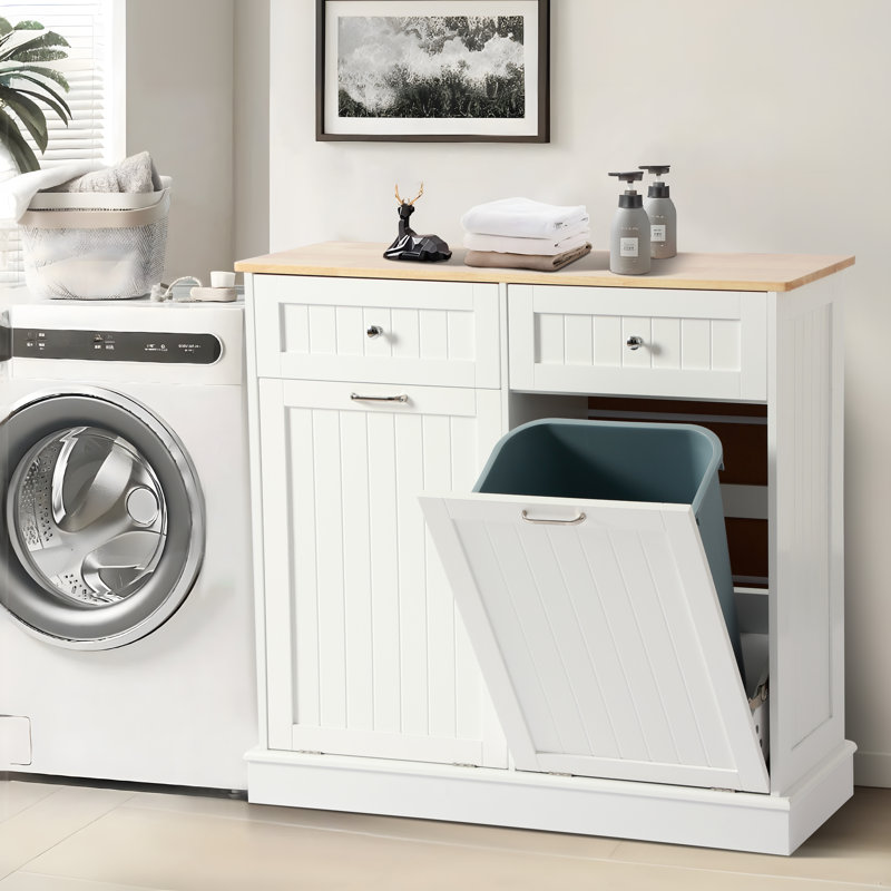 Armoire à poubelle inclinable en bois 20 gallons pour cuisine et buanderie, Blanc
