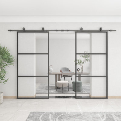 Porte de grange coulissante double en métal et en verre transparent avec ensemble de quincaillerie d'installation JUBEST, 2 ensembles de portes