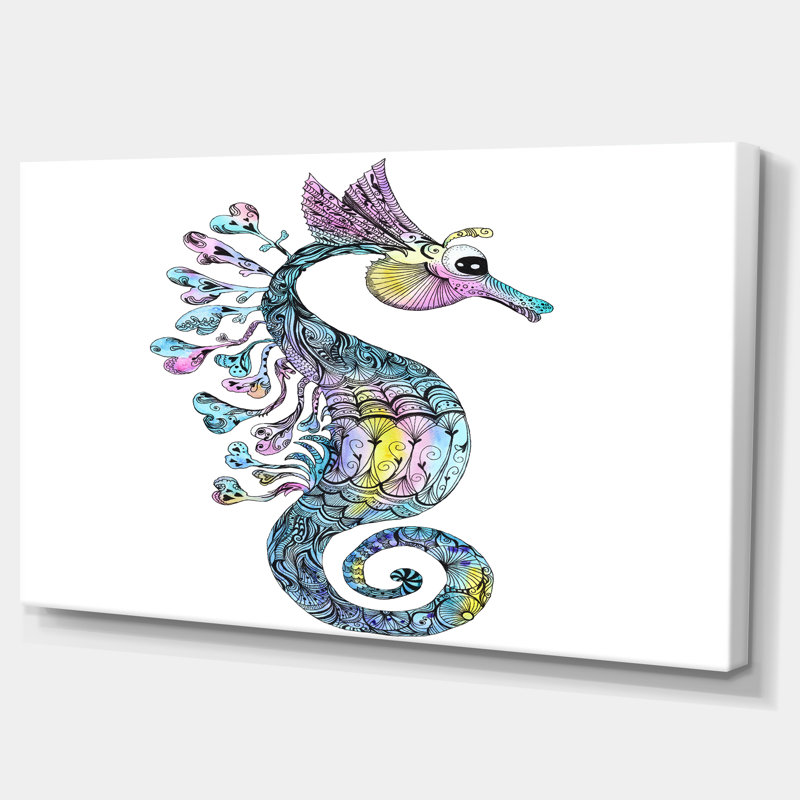 Hippocampe coloré aquarelle - art mural animal, H 20 po x l 40 po x p 1 po, Toile tendue