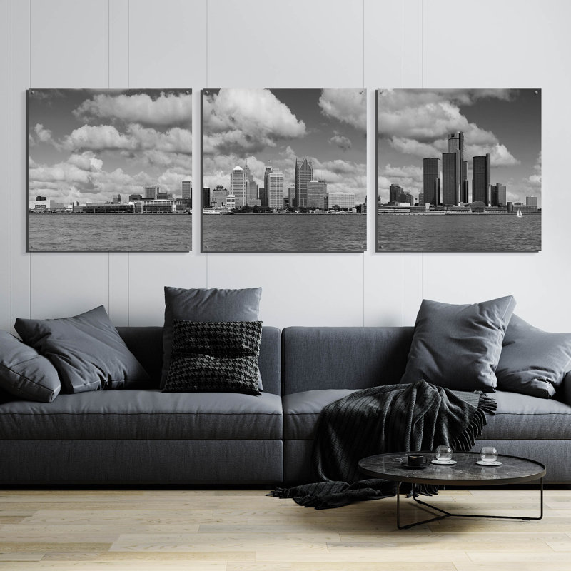 «Detroit Skyline Panorama» par Monte Nagler, ensemble d'art mural en verre acrylique, 3 pièces, H 36 po x l 108 po