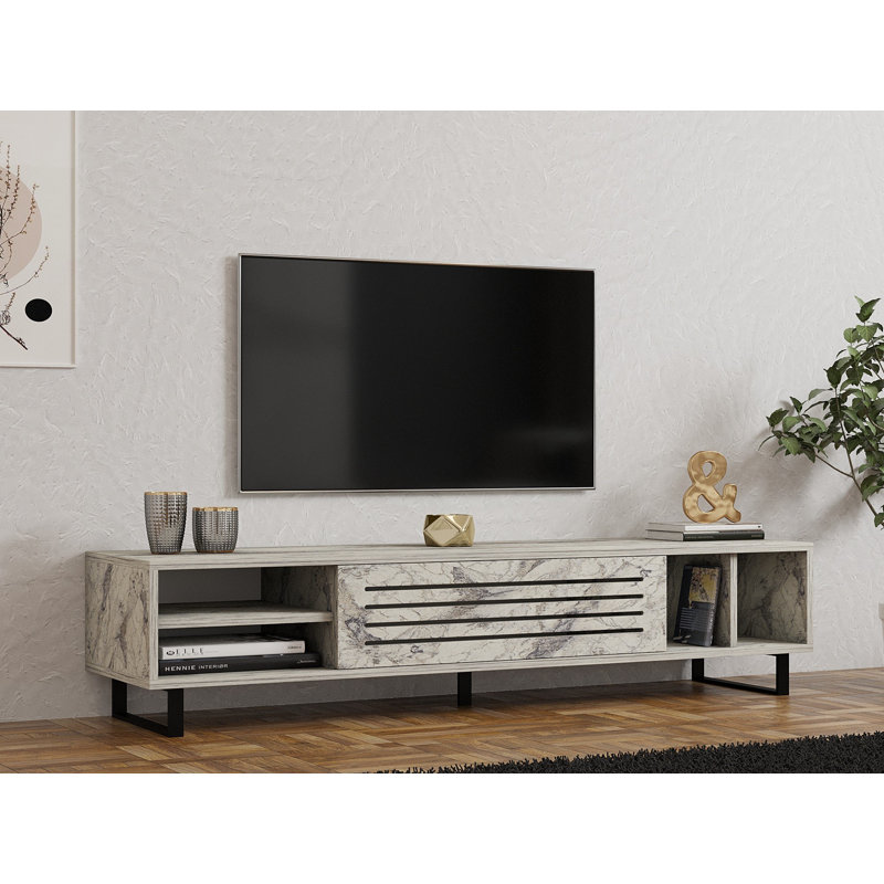 Meuble télé moderne avec plusieurs tablettes, finition marbre freesia, 63,0 po x 13,8 po x 27,6 po | 100% panneau de particules enduit de mélamine, épaisseur: 0,7 pouce | Solution de rangement élégante pour le salon et les espaces de divertissement