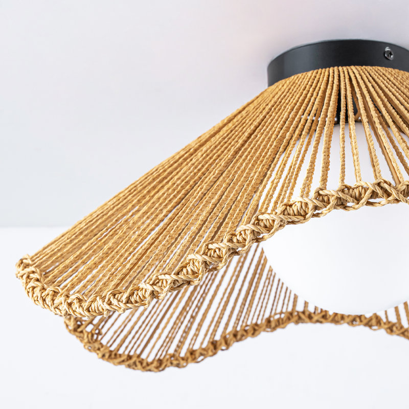 Luminora Handwoven Rattan Boho Glass Flush Mount Ceiling Light