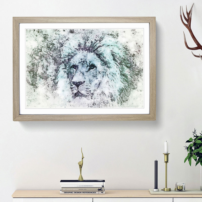 A Lion Portrait in Abstract - Picture Frame Painting Print, 36cm H x 48cm W x 2cm D, Oak Framed