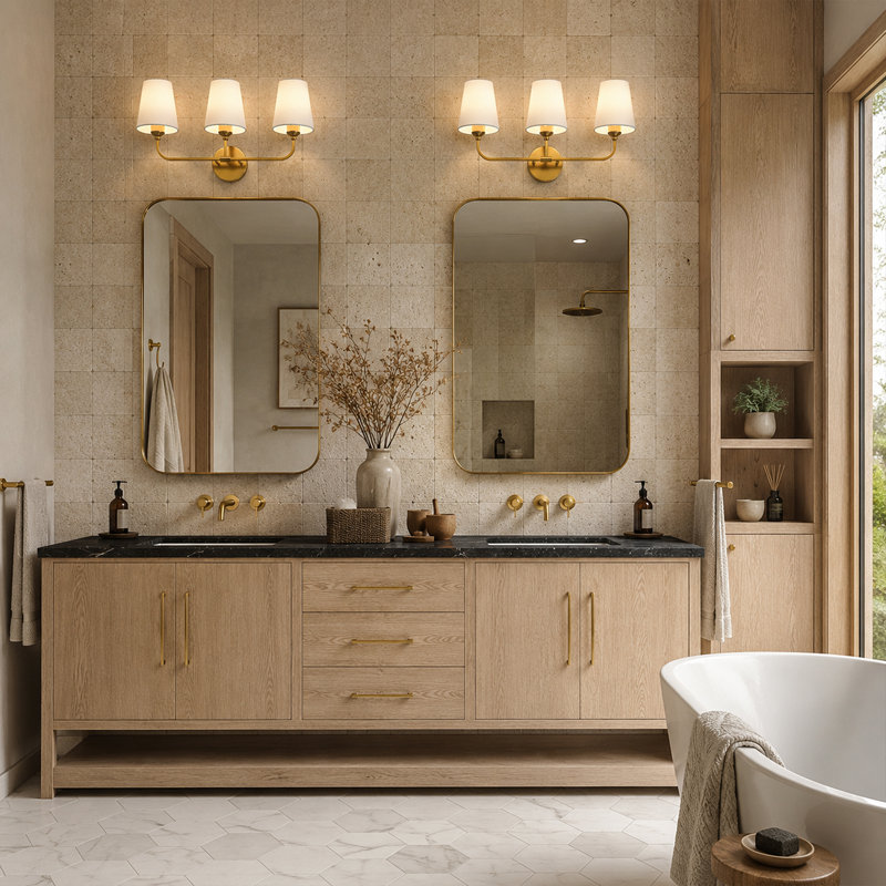 Éclairage pour meuble-lavabo traditionnel 3 lumières avec abat-jour empire en tissu, Bronze