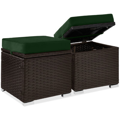  Set Of 2 Wicker Ottomans, Multipurpose Furniture W/ Removable Cushions - Midnight Green/Brown