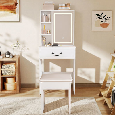 Coiffeuse de maquillage moderne avec miroir réglable à DEL avec tabouret rembourré, pour appartement et petit espace
