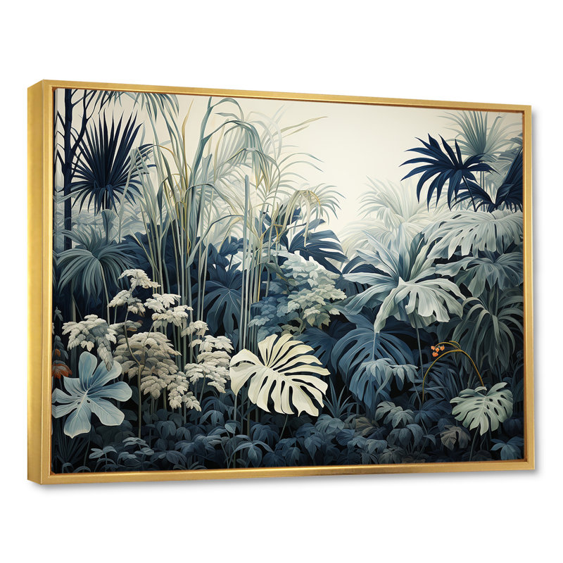 Décoration murale jungle blanche et bleue - Forêt, Cadre flottant doré, H 34 po x l 44 po x P 1,5 po