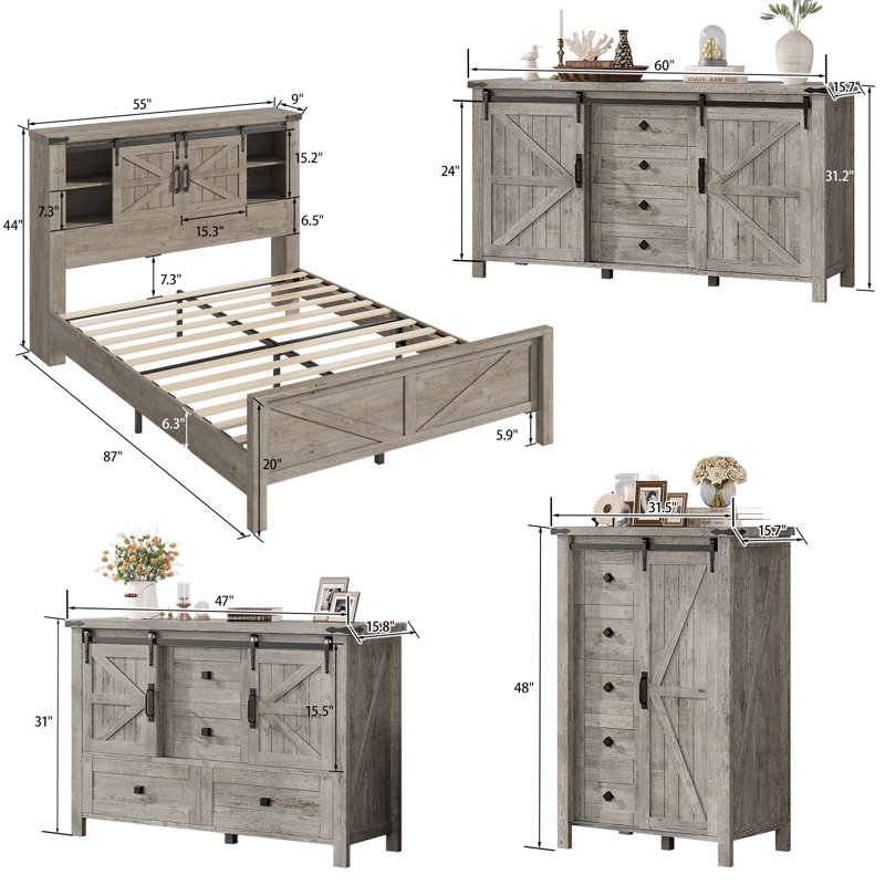  4-piece Farmhouse & Barn Door Design Bedroom Set, Full Size, Gray, Gray, Full / Double