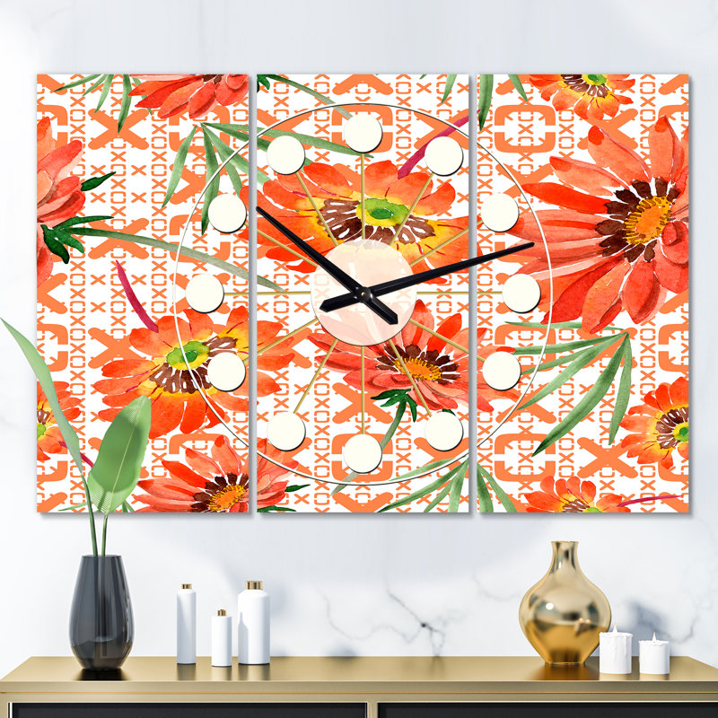 Très grande horloge murale florale i rétro Mid-Century