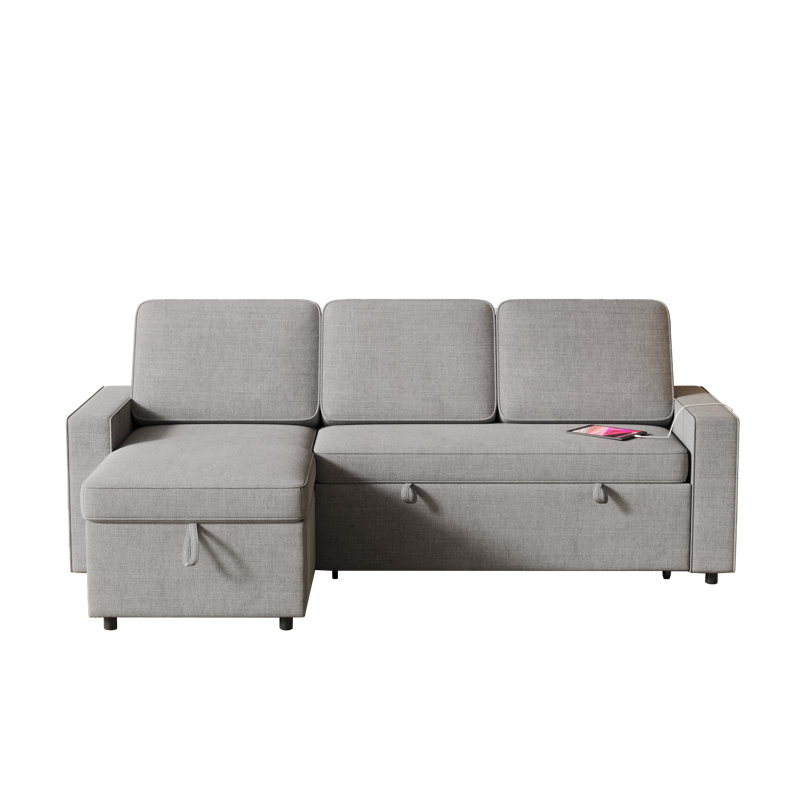 Lulla 85.11" Pull Out Sleeper L-Shaped Sofa with Storage Chaise, Dark Grey
