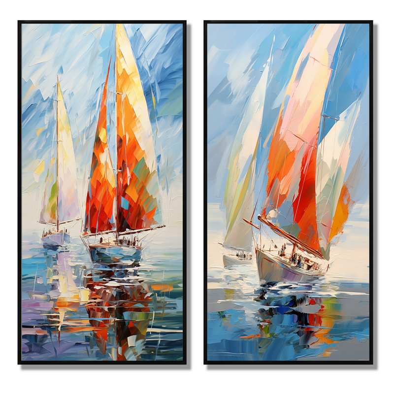 "Voiliers abstraits" - 2 pièces sur toile, Cadre noir, H 24 po x l 20 po
