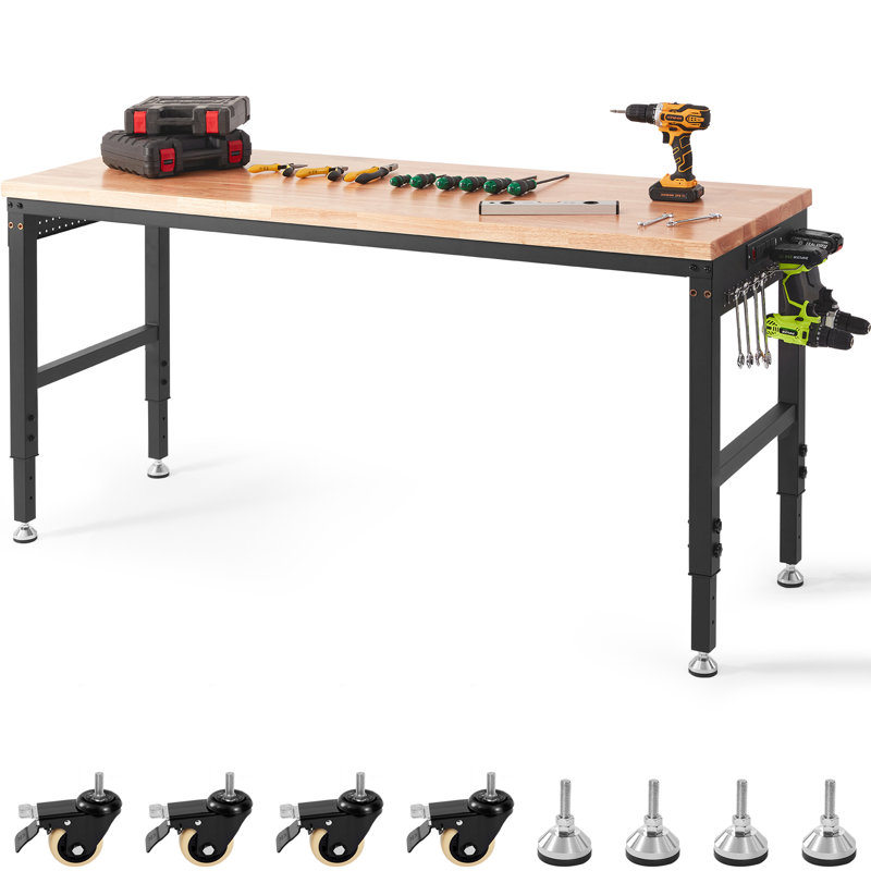 Adjustable Height Wood Workbench with Metal Frame and Power Outlets, 39.5" H x 72" W x 25" D