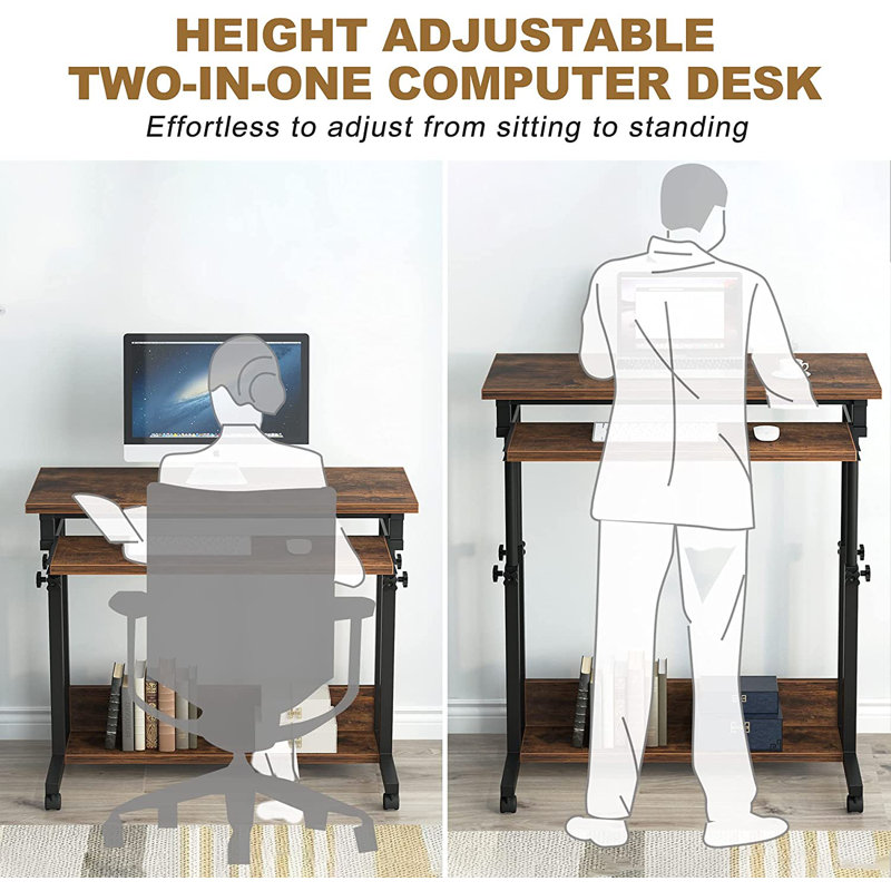 Deperte Adjustable Metal Base Standing Desk, Brown/Black