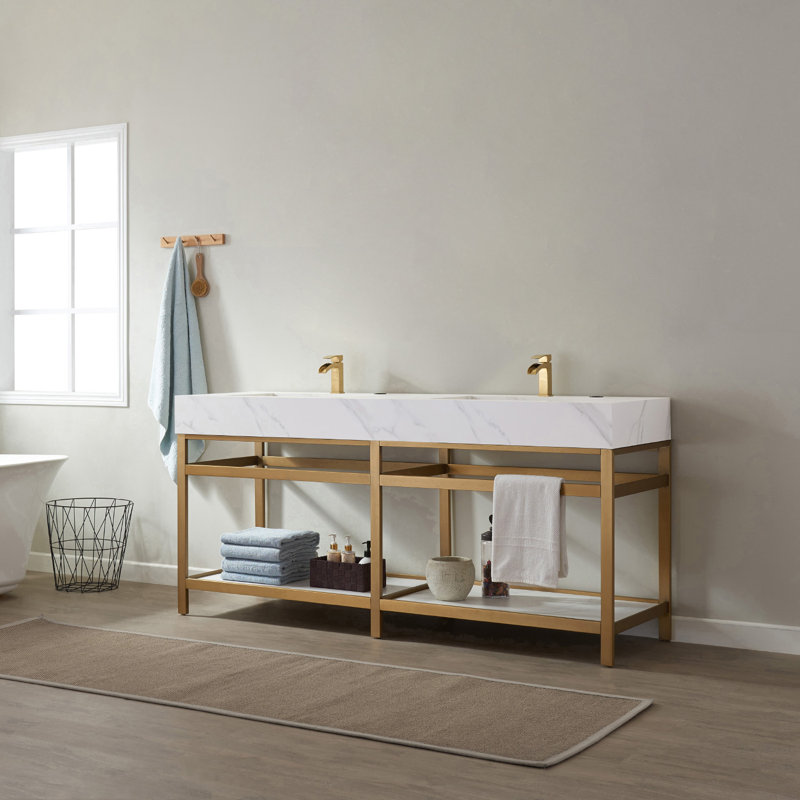 Ensemble de meuble-lavabo double 72 ", Or brossé, Pierre blanche