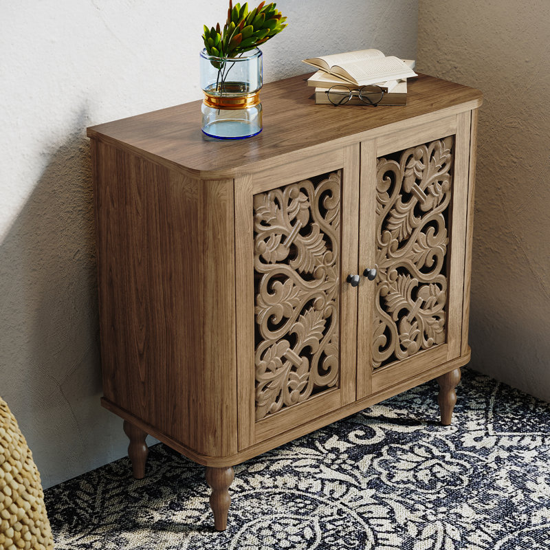 31.5" Vintage Carved Sideboard Cabinet with Adjustable Shelves and Solid Wood Legs, Walnut, Brown