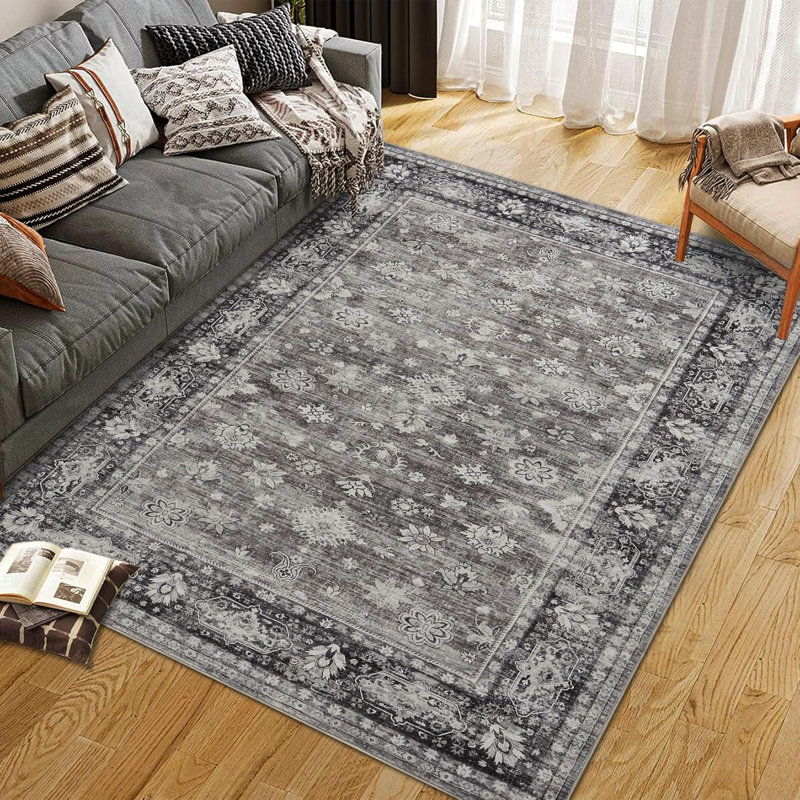Vintage Washable Area Rug for Bedroom, Distressed Non-Slip Non-Shedding Floral Soft Throw Rugs for Living Room, Dining, Foyer(Brown)
