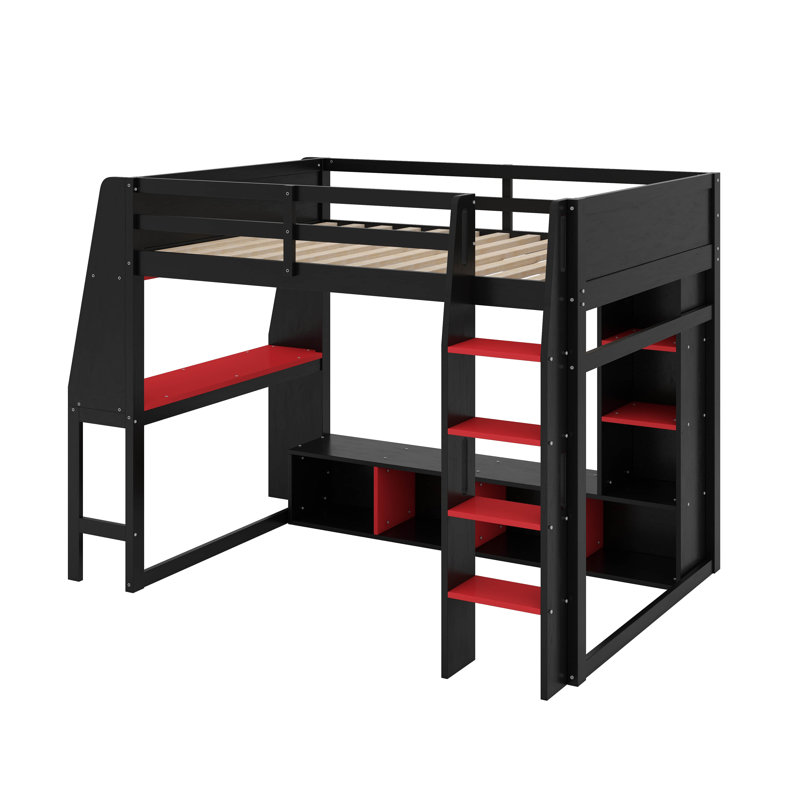 Lit mezzanine pleine grandeur avec bureau, DEL et portemanteau suspendu, Noir, Lit double