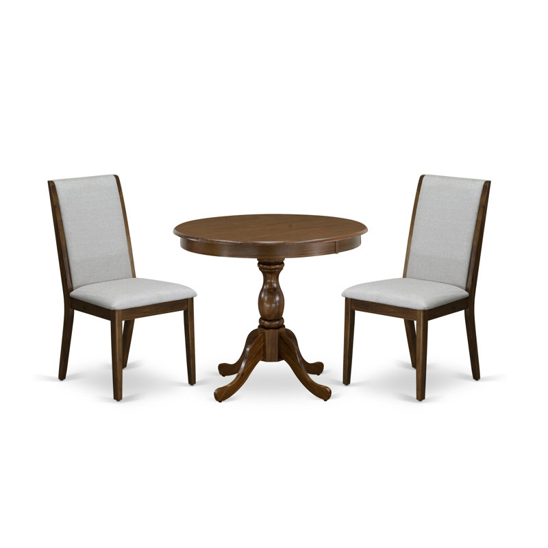 3 Piece Wooden Dining Table Set Contains 1 Round Pedestal Dining Table and 2 Light Tan Linen Fabric Dinning Room Chairs with High Back - Mahogany Finish