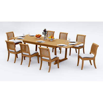 9 Pcs Grade-A Teak Wood Dining Set: 118" Double Extension Mas Rectangle Trestle Leg Table And Appel Stacking Armless Chairs #11AB2500