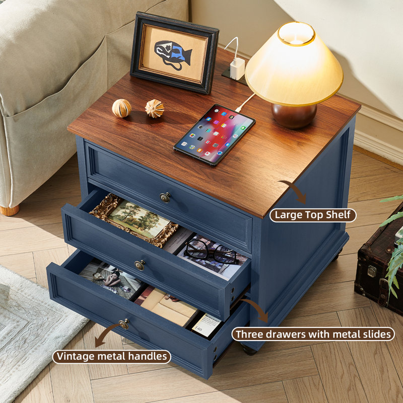 Farmhouse Nightstand With Charging Station, 24" Wide End Table With 3 Drawers,Wood Dresser Cabinet For Bedroom, Bed Side Table Chest Of Drawers,Night Stand For Living Room, Closet