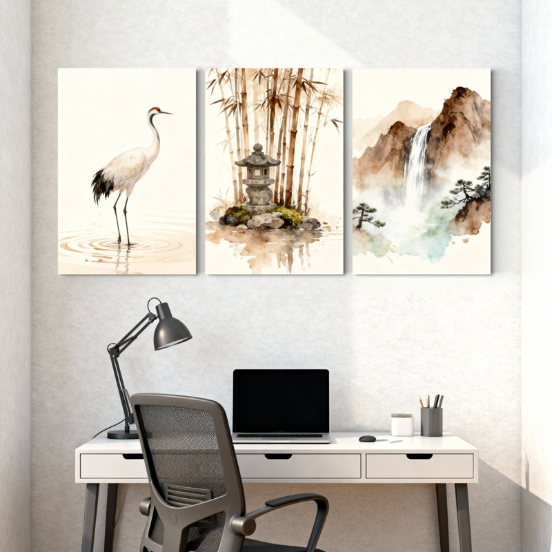 Ensemble de 3 tableaux sur toile tendue représentant une grue japonaise, une lanterne en bambou et une cascade de montagne