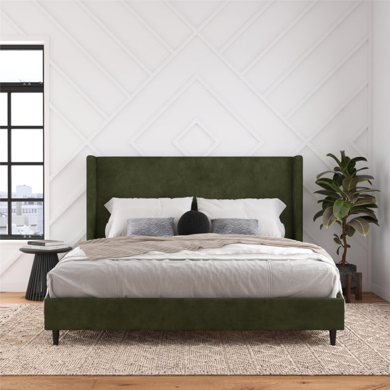 Ana King Upholstered Wingback Bed, Green Velvet