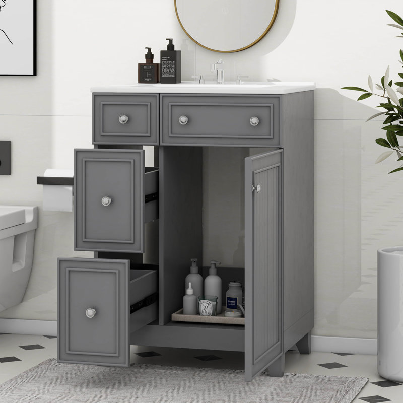 Meuble-lavabo 24 po avec lavabo en céramique, 2 tiroirs 24 po, Gris