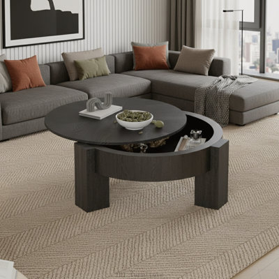 33" Round Coffee Table with Hidden Storage, Wood Parquet Veneer Top, 3 Block Legs, Matte Black