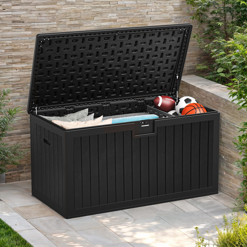 150 Gallon Large Outdoor Patio Deck Box with Easy Lift Lid, All Weather Resin Storage, and Divider, 150, Black
