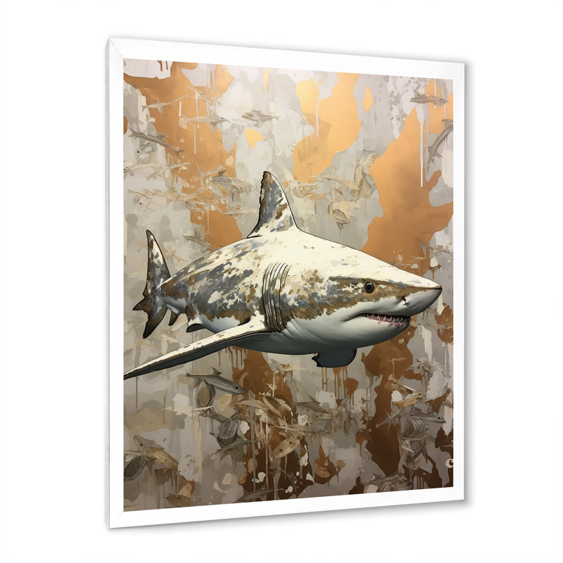 " Minimalism Shark Painting In Golden Beige II ", White Single Picture Framed, 32" H x 24" W x 1" D