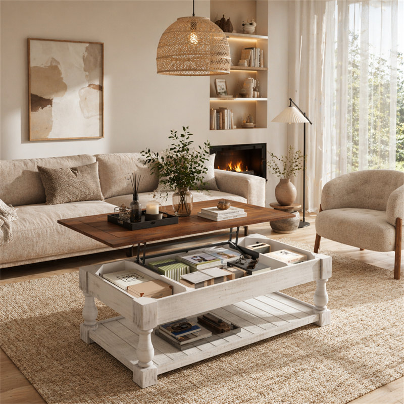 Table basse à plateau relevable rétro avec rangement pour le salon, Espresso antique / blanc antique