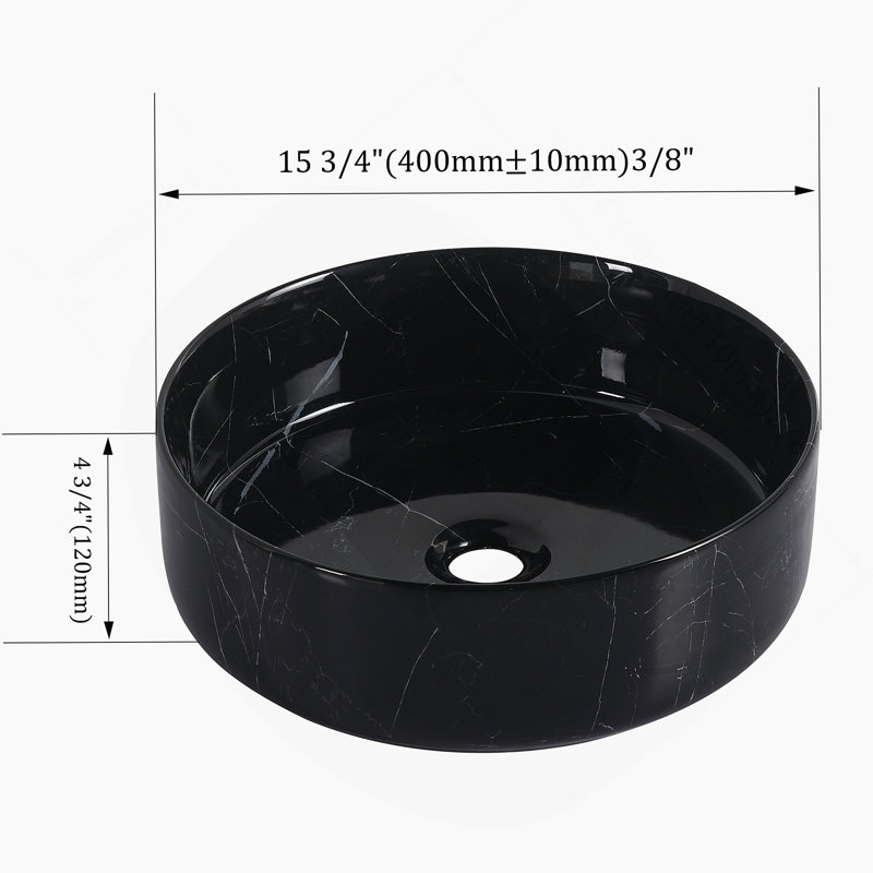 Ceramic Round Above Counter Bathroom Sink Art Basin, Black Background With White Patterns (UNOR B RR), Black/White