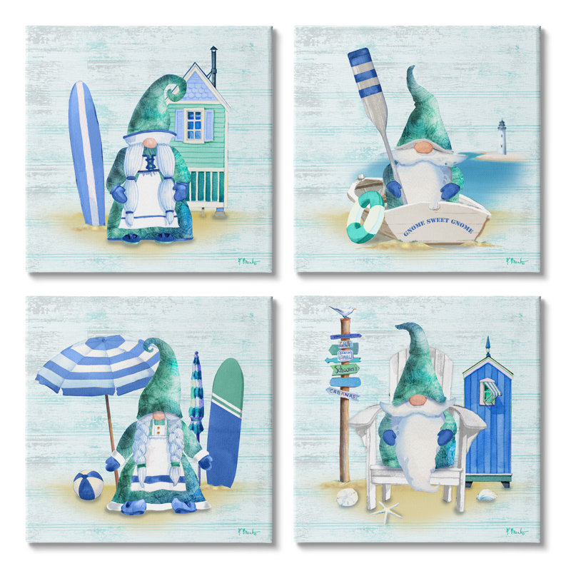 «Coastal Gnomes Nautical Life» par Paul Brent - ensemble de 4 peintures sur toile tendue