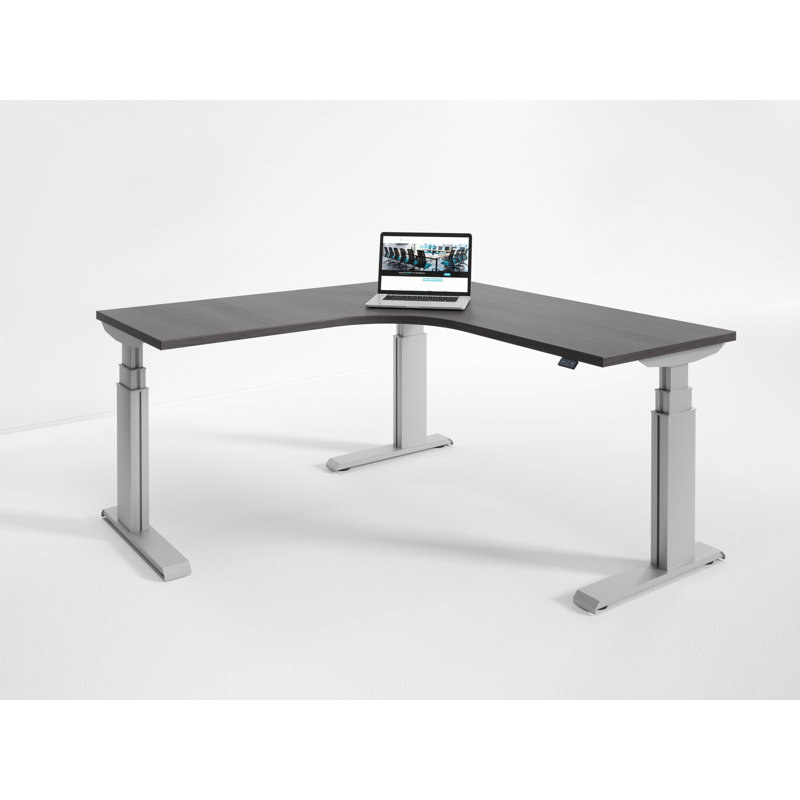 Wildermuth Adjustable L-Shaped Metal Base Standing Desk with Power Outlet, Driftwood/Silver