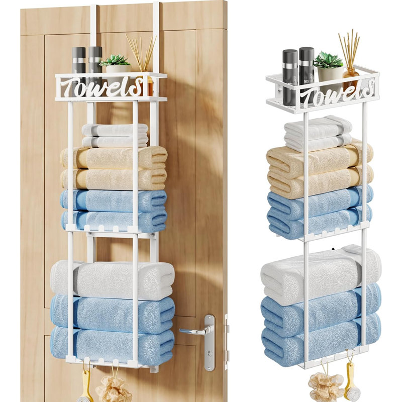 Porte-serviettes à 3 niveaux avec fixation murale, panier en métal et 6 crochets pour le rangement et l'organisation de la salle de bain