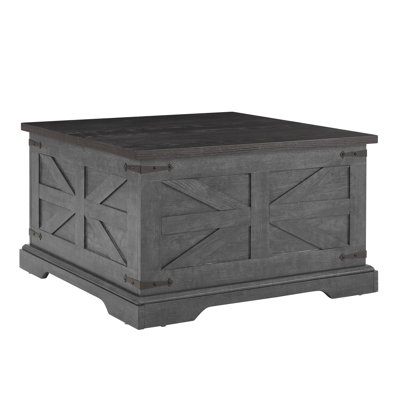 Table basse Farmhouse, table centrale carrée en bois avec grand compartiment de rangement caché