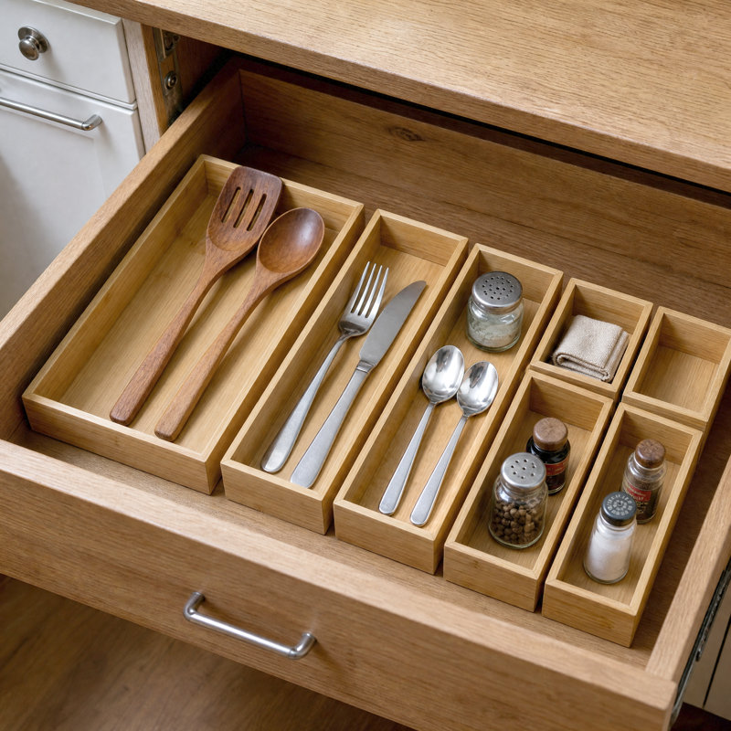 7-Piece Bamboo Drawer Organizer Set, Multi-Use Wood Tray Divider Bins for Kitchen, Bathroom, Office Desk and Makeup Organization