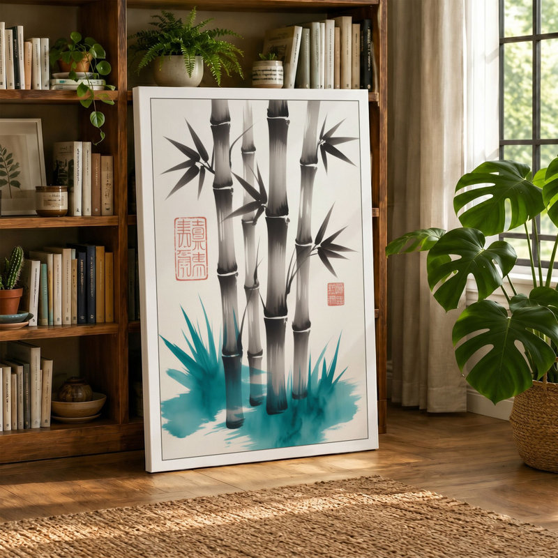 Bamboo in Mist Japandi - Wrapped Canvas, 36x24 - 91.4 x 61.0 cm, Taupe Border