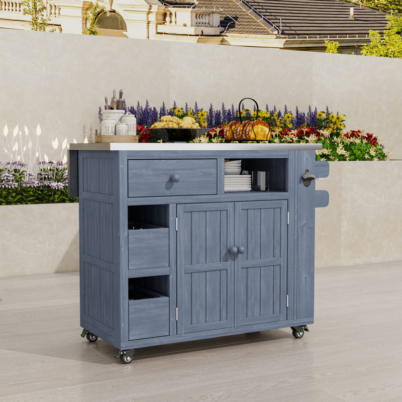 Chariot d'extérieur pour îlot de cuisine extensible avec plateau en acier inoxydable, grand espace de rangement et roues verrouillables