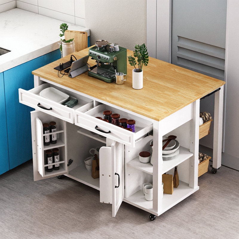 Grey Blue Kitchen Island with Extendable Dining Table, Storage, Power Outlet & Wheels, White
