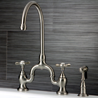 Kingston Brass Essex Two-Handle 3-Hole Deck Mount Bridge Kitchen Faucet with Brass Side Sprayer