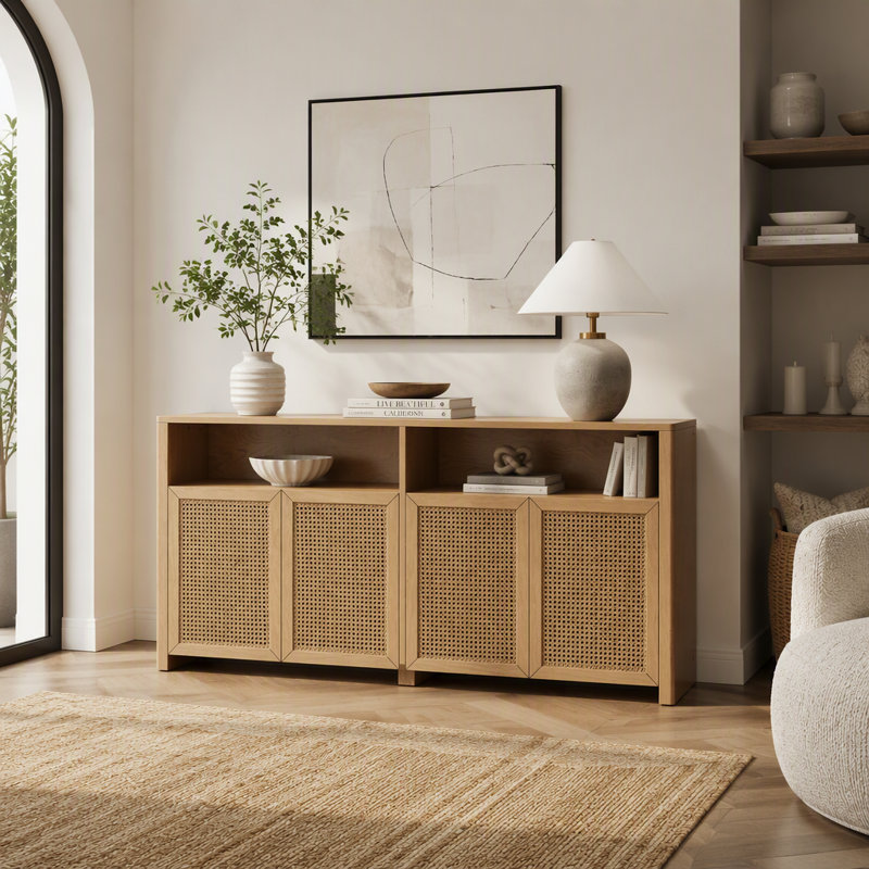 Buffet Mid-Century en rotin de style Mid-Century, Naturel