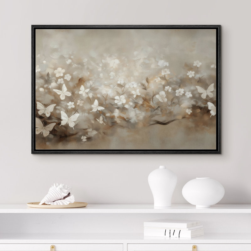 «Neutre papillon blanc prairie et champ floral», reproduction d'art sur toile encadrée, H 16 po x l 24 po x P 1,5 po, 1, Noir