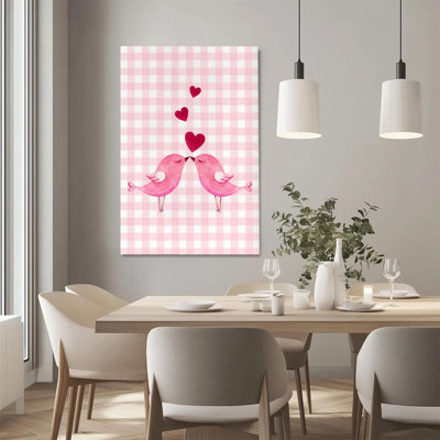 2D Flat, 1Pc Framed Canvas Wall Art, Love Birds, Heart-shaped Pattern, Watercolor Illustration Style Art Print Canvas Poster Painting Room Wall Decor,